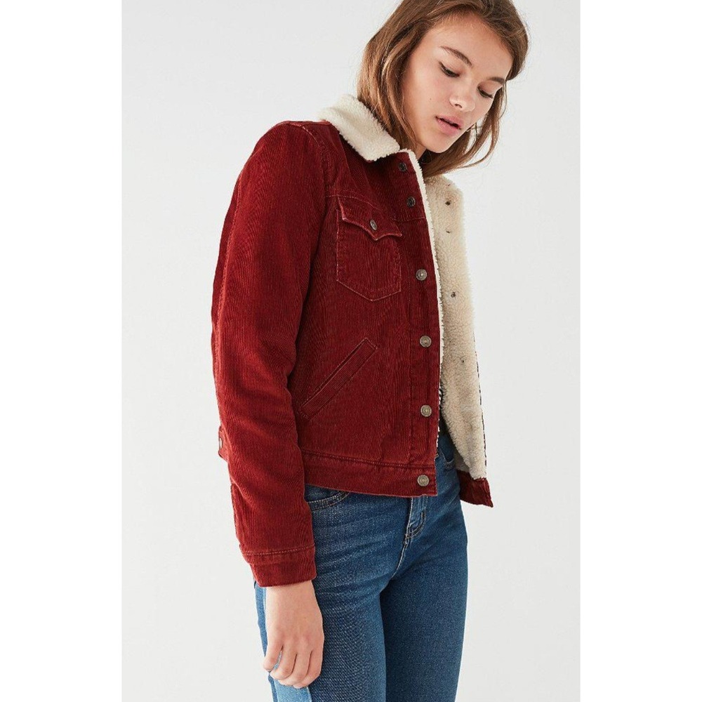 Levi's Trucker Jacket Womens M Burgundy Corduroy Sherpa Lined Orange Tab Coat